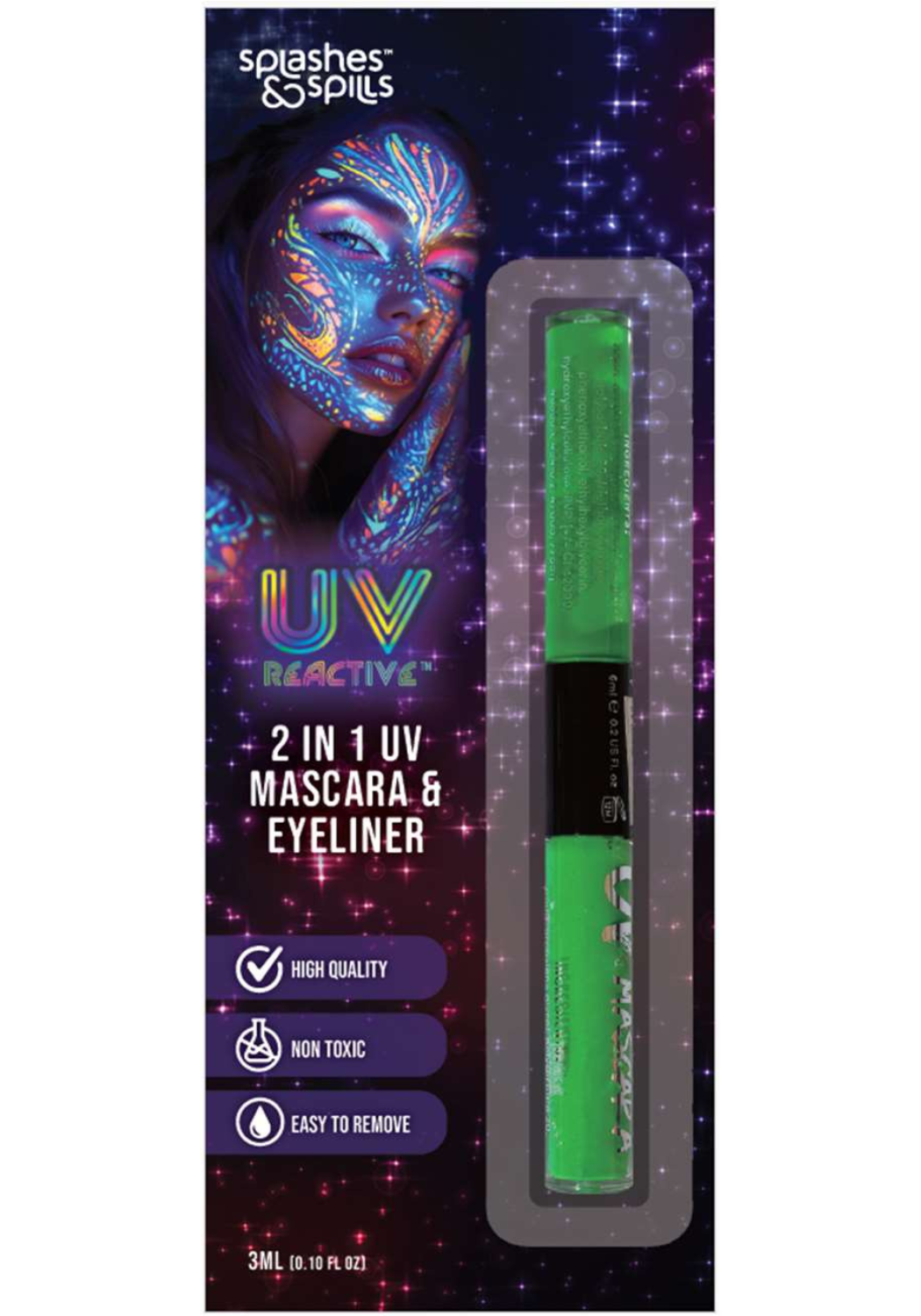 UV reactive 2 in 1 mascara and eyeliner set with packaging on a dark background